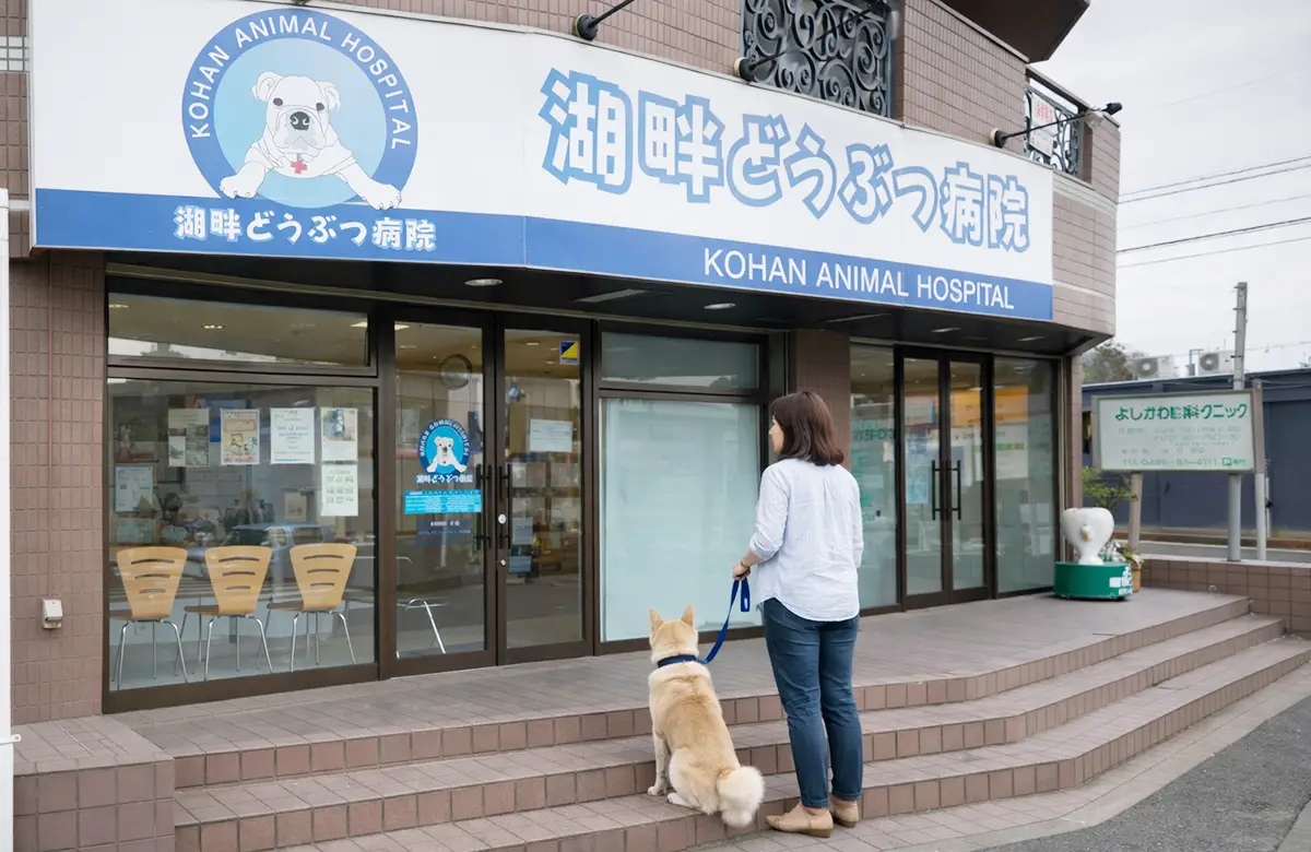 店頭で犬をリードにつないで来院している様子